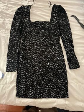 Black Sequin Long-Sleeve Square Neck Party Dress